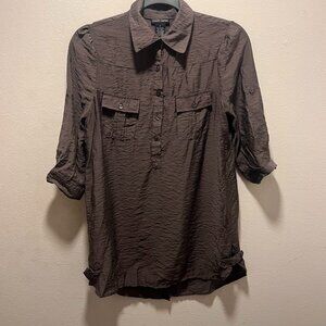 Cotton Express Crinkle Fabric Size Small Gray Top Button Up 3/4 Sleeves